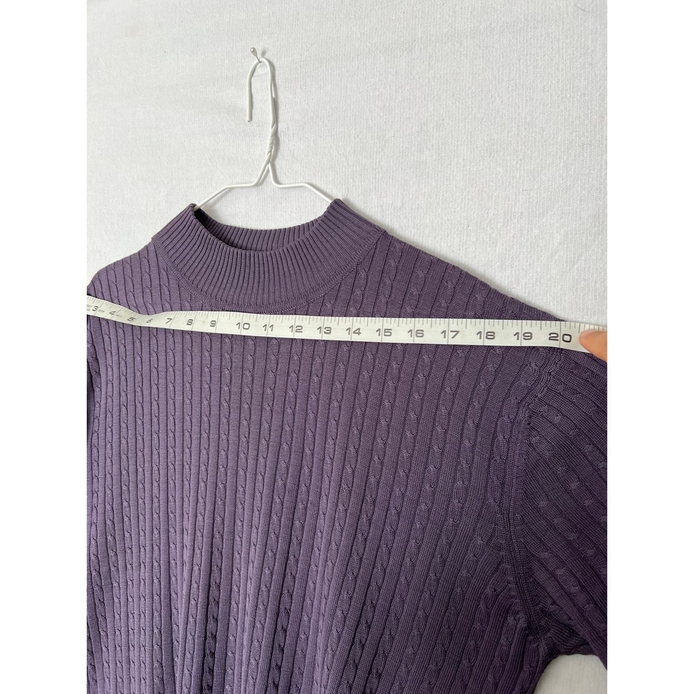 100% Silk Cable Knit Sweater Mock Neck Short Sleeve Purple M Quiet Luxury - Picture 7 of 7
